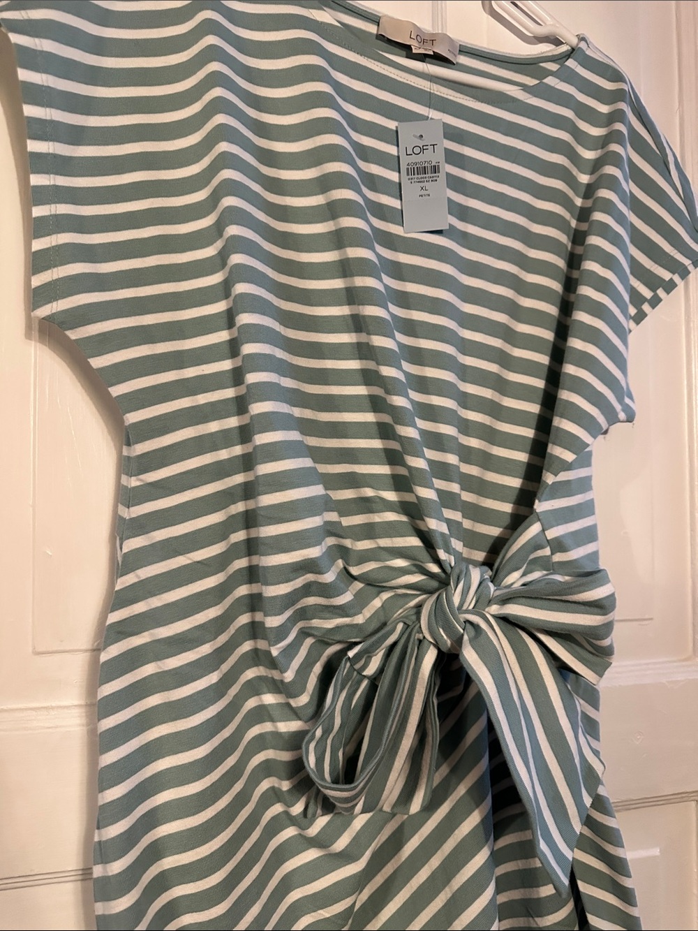 LOFT Sage Green & White Striped Knot-Front Mini Dress